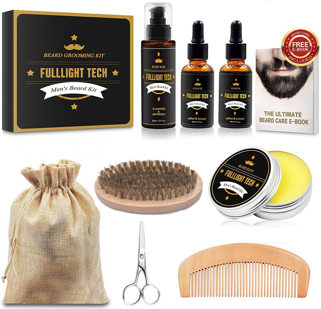 Kit De Coffret Coin Barbe Homme Complet Produit avec Shampoing Barbe,Huile Barbe,Peigne,Brosse a Barbe,Ciseaux,Baume a Barbe,Accessoire Barbe Kit Barbe Entretien et Soin pour Homme,Cadeaux pour Homme