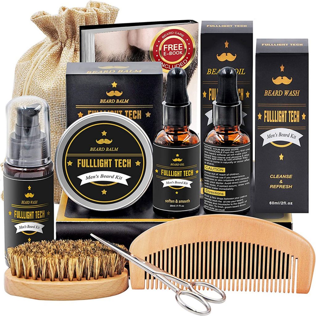 Kit De Coffret Coin Barbe Homme Complet Produit avec Shampoing Barbe,Huile Barbe,Peigne,Brosse a Barbe,Ciseaux,Baume a Barbe,Accessoire Barbe Kit Barbe Entretien et Soin pour Homme,Cadeaux pour Homme